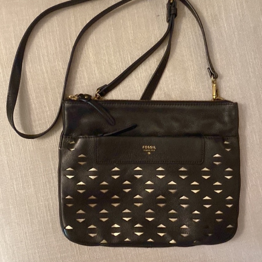 Fossil black leather cut out crossbody bag